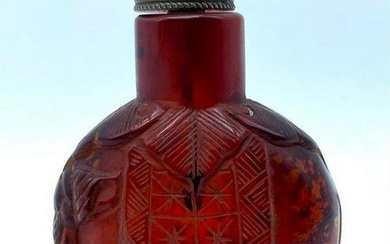 Hollowed Amber & Gold Flack Carved Snuff Bottle With Red Top Stopper
