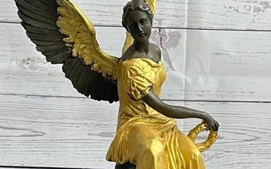 Houdon Inspired Graceful Golden Angel Bronze Sculpture On Marble Base - 12" x 7"