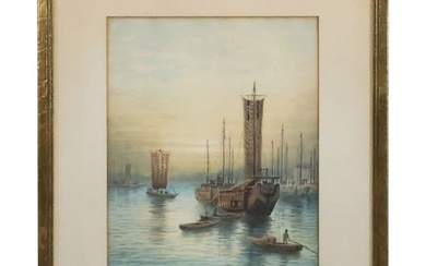 Howshiu, Japanese School, Vintage Watercolor Painting Boats in Harbor, Signed, Framed