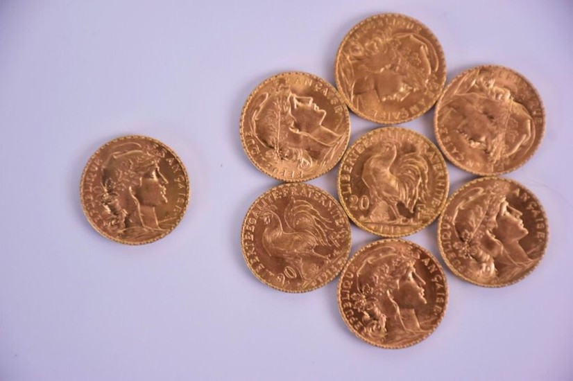 Huit pièces de monnaies en or jaune 20...