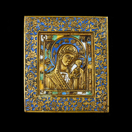 ICON. Russia, 20th century, Our Lady of Kazan, travel icon, bronze and enamel.