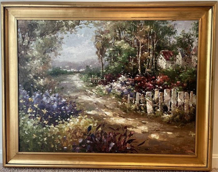 Impressionist Oil Painting Garden Pathway with Flowers