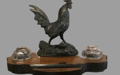 Inkwell "the proud French Rooster" by Paul Comolera - Bronze, Wood - Late 19th century