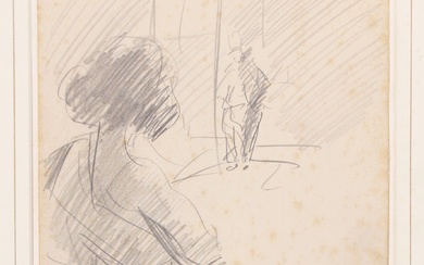 Israels, Isaac (1865-1934). (Girl standing backstage). Drawing, graphite, 25,2x17,7 cm.,...