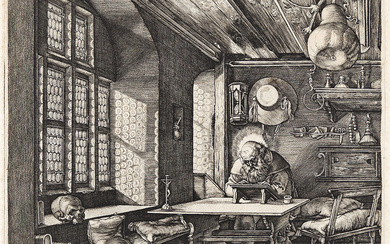 JOHANNES WIERICX (AFTER DÜRER) St. Jerome in his Study. Engraving, circa 1600. 244x18...