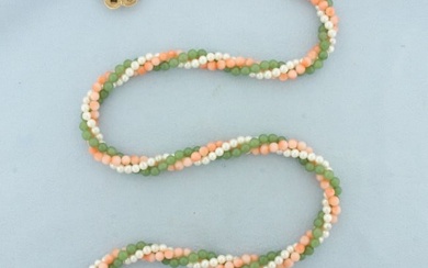 Jade, Pink Skin Coral, and Pearl Necklace in 14k Yellow Gold