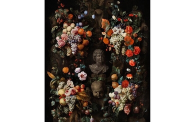 Jan Davidz de Heem, 1606 Utrecht – 1683/84 Antwerpen, zug., JÜNGLINGSBÜSTE, UMGEBEN VON FRUCHT- UND BLUMENGEBINDEN