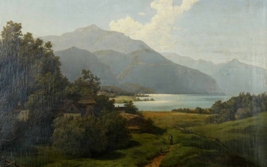 Jean-François Xavier Roffiaen (1820-1898) - Paysage animé avec lac et montagne