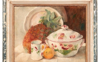 Jean PUY (1876-1960) Nature morte à la céramique et l ananas Huile sur toile signée...
