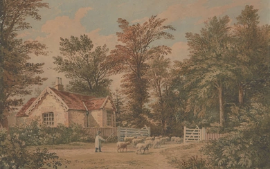 John Varley, OWS, British 1778-1842- Herding sheep through a gatehouse,...