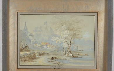 Joshua Cristall. British. Original mixed media drawing "On The Rhine". Landscape with a castle on a
