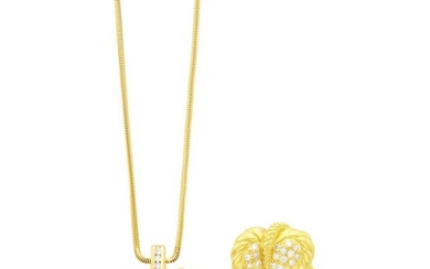 Judith Ripka Gold and Diamond Heart Pendant with Chain Necklace and Leaf Pin