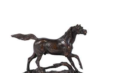 Jules MOIGNIEZ (1835-1894) Cheval au galop franchissant un obstacle Epreuve en bronze à patine brune....