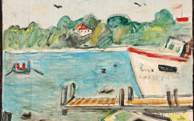 Karl Larsen: View from Vejlesø, Denmark. Signed Karl Larsen. Oil on board. 54×73 cm.