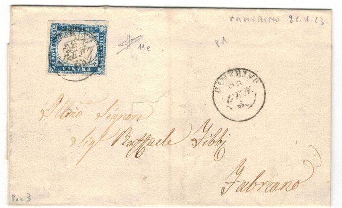 Kingdom 1863 - 15 c. light blue grey (11e) on letter to Fabriano, cancellation with double circle of Camerino - Sassone 2018