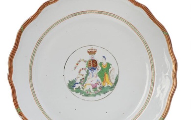 'King's Club's service' export porcelain fluted round dish painted in enamel colours...