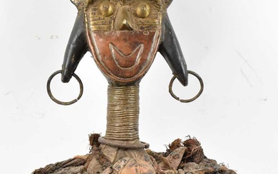 Kota reliquary figure, Gabon, applied with brass and copper and...