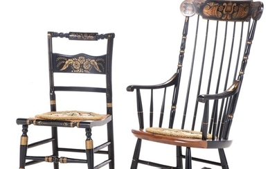 L. Hitchcock Parcel-Ebonized and Gilt-Stenciled "Fancy" Rocker Plus Side Chair