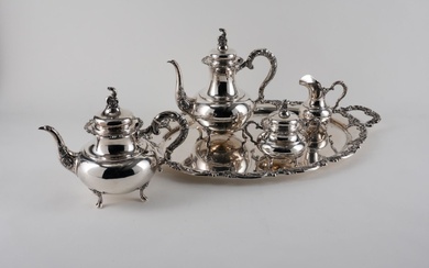 LARGE SILVER COFFEE AND TEA SERVICE WITH ROCAILLE CURVES