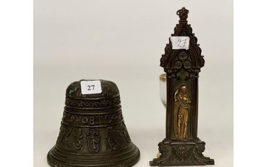 LOT comprising an antique bronze bell with stylized...