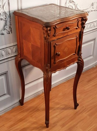 LOUIS XV STYLE CARVED WALNUT MARBLE TOP CHEVET