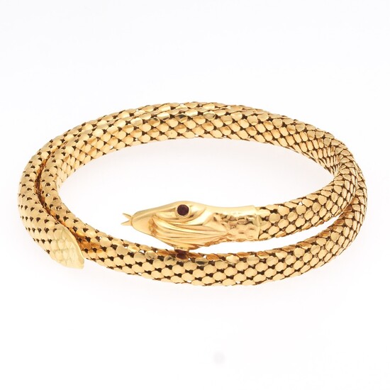 Ladies' Vintage Italian Gold and Garnet Coiled Serpent Spring Bracelet