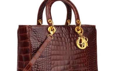 Lady Di large style brown crocodile bag, double handle fasteners, zipper and charm’s embossed with gold metal letters, removable shoulder strap handle