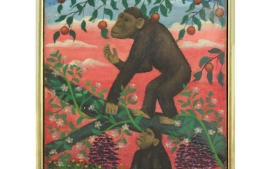 Lawrence Lebduska Folk Art Painting with Monkeys