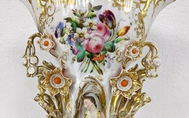 Lg Antique Paris Porcelain Flared Vase. Figural design.