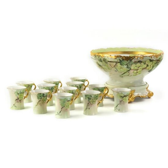 Limoges 14pc Grape Punch Bowl & Matching Cup Set