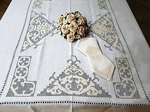 Linen museum tablecloth x12 with Sicilian Sfilato embroidery and hand satin stitch - 175 x 275 cm - Linen - 21st century