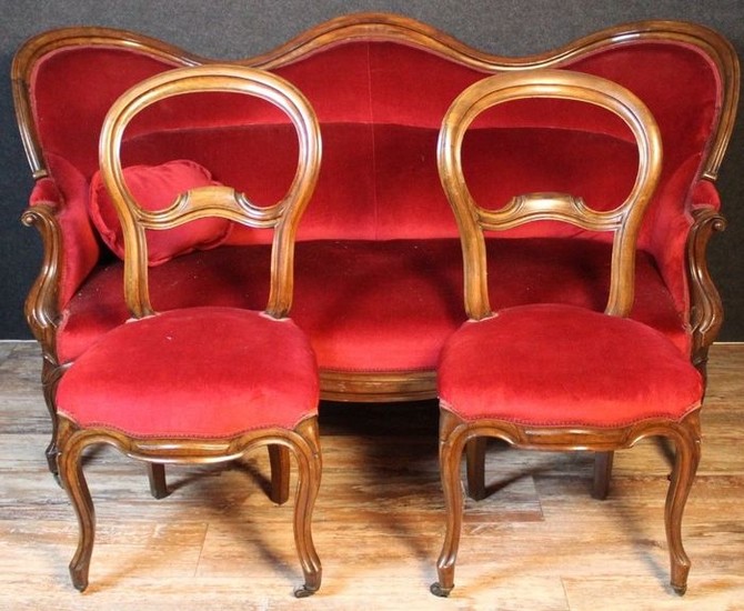 Living room: 1 sofa and 2 covered chairs (3) - Louis Philippe - Walnut - mid 19th century