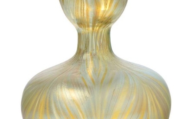 Loetz (Austrian), an iridescent Phaenomen Candia glass vase, c.1900, PG 7501, ground out pontil engraved Loetz Austria, The pale glass of bulbous form with cup neck, decorated with fine feathered banding in gold and pale silvery-blue, 11 cm high...