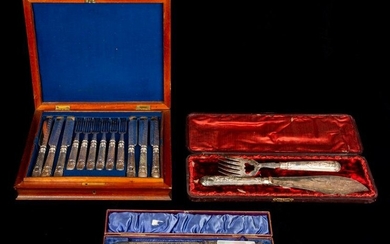 (Lot of 3) English cased plate sets: 6 forks & knives;