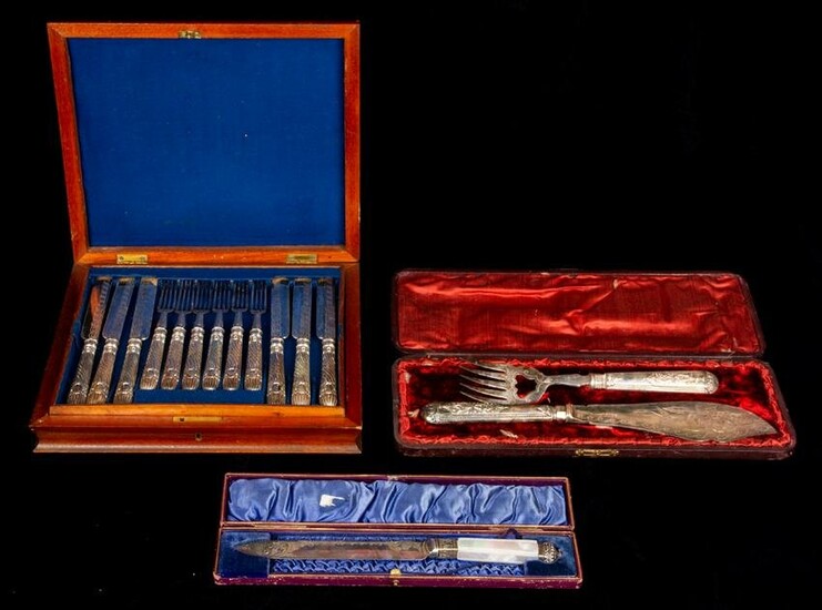 (Lot of 3) English cased plate sets: 6 forks & knives;