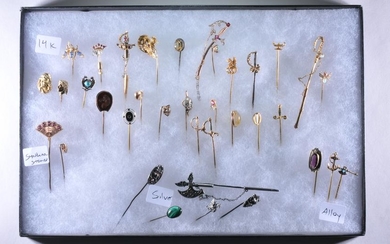 Lot of stickpins. 28 are 14k gold, and 5 are sterling