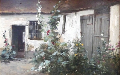 Louis Rémy MATIFAS (1847-1896). Les roses trémières. Huile sur panneau signée en bas à gauche....