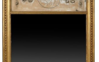 Louis XVI Style Gilt and Gesso Overmantel Trumeau Mirror, early 20th c., the pierced bowknot crest