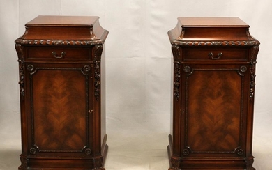 MAHOGANY CARVED WOOD PEDESTAL CABINETS, PAIR H 40" W 23