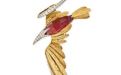 MAUBOUSSIN, A VINTAGE RUBELITE TOURMALINE AND DIAMOND BIRD BROOCH in 18ct yellow gold, designed as a
