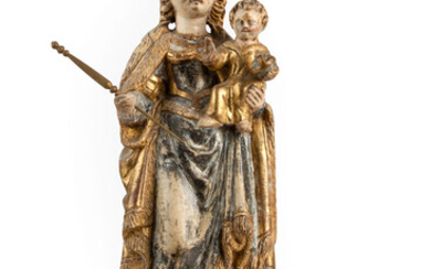 Maagd Maria met Kind. Antwerpen of Brussel. Ca. 1500. Hout, gepolychromeerd en verguld. Zilveren kroontje en crucifix.