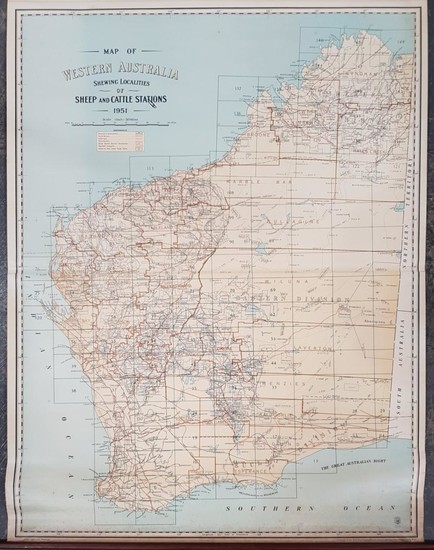 Map of Western Australia Pastoral Stations, on canvas, by Lands & Surveys Department Perth 1951