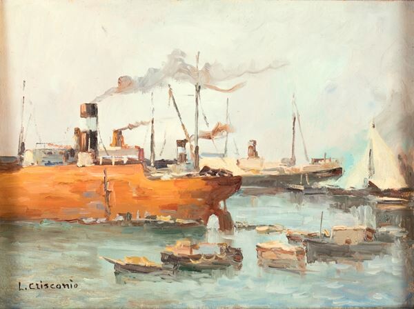 Marina con battello a vapore, Luigi Crisconio (Napoli, 1893 - Portici, 1946)