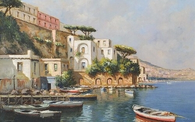 Mario Irace - Moored boats beside villas, Italian oil on can...