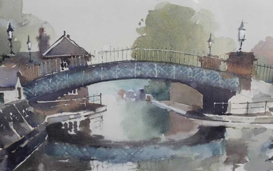 Maurice Hill, contemporary, watercolour - The Horse Bridge, Little Venice, signed, in glazed gilt frame, 23cm x 42cm