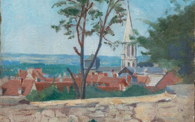 Maxime MAUFRA (1861-1918), "Vue de village avec clocher" 1888, huile sur toile, signé et daté...