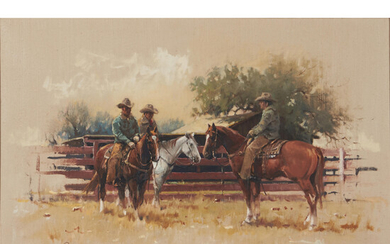 Melvin Charles Warren (American, 1920-1995) Three Cowboys 24 x 36 in. (61.0 x 91.0 cm) framed 35 1/4 x 47 3/8 in.