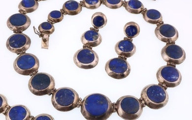 Mexico; .950 Sterling Silver and Lapis Modernist Jewelry Suite