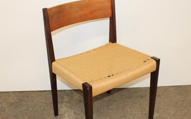 Mid Century Modern walnut, teak and rosewood rush bottom chair in the manner of Hans Wegner