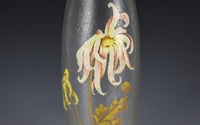 Mont Joye Art Glass Hand Painted Enamel and Gilt Vase chipped ice texture c1920